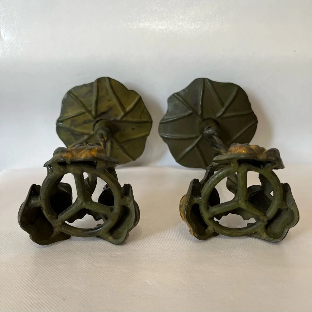 Frog Lilly Pad Metal Candlestick Holders Set of Two